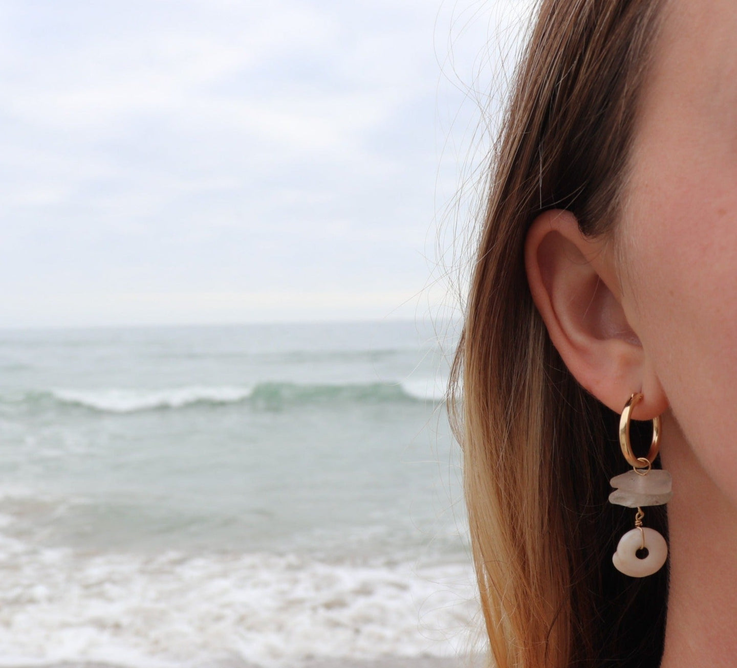 Sea Glass & Puka Shell Hoop Earrings