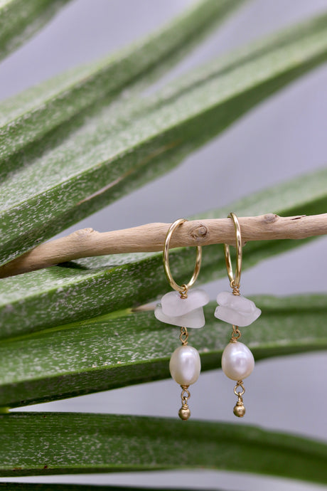 Sea Glass & Pearl Tiny Hoop Earrings